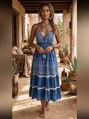 Imported From Italy 100% Cottln Blue Embroidered V-Neck Boho Midi Dress